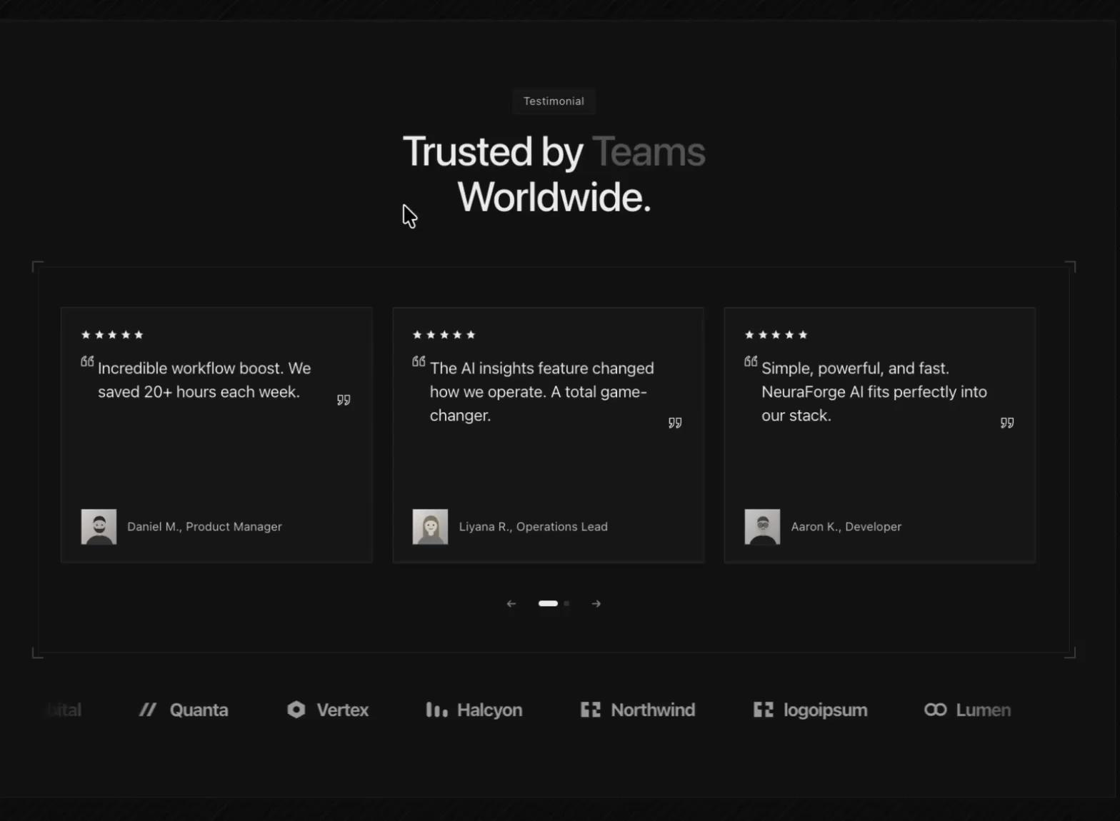 Testimonials Section with Logo Marquee