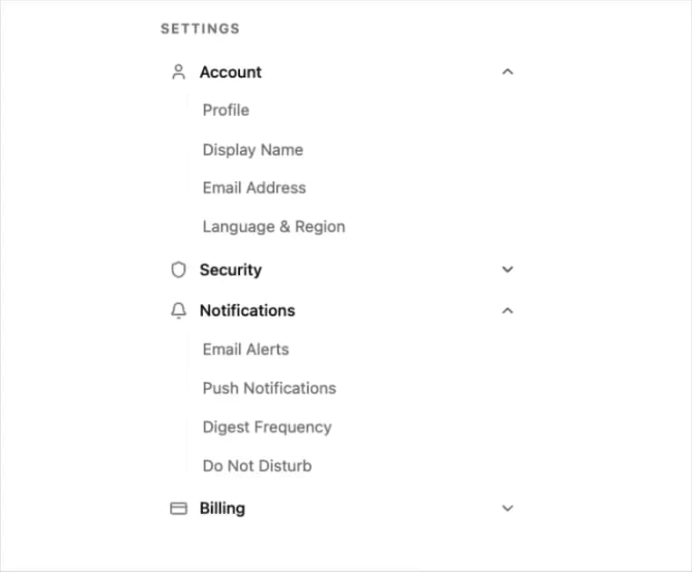 Settings Sidebar Accordion