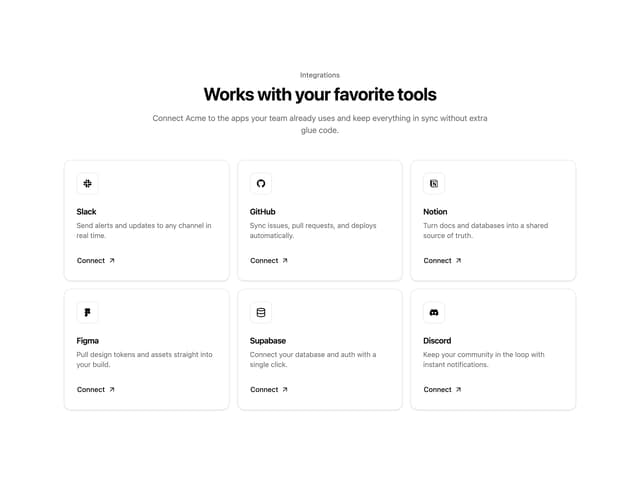 Connect Integration Cards — Toast component for React & Tailwind by Oliver