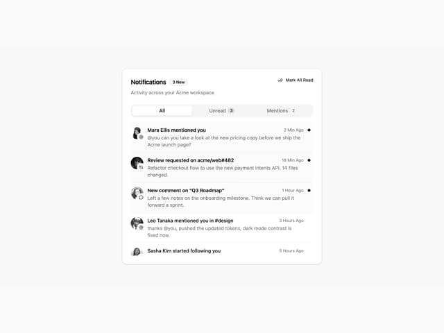 Notification Center Tabs — Inbox component for React & Tailwind by 7ovr