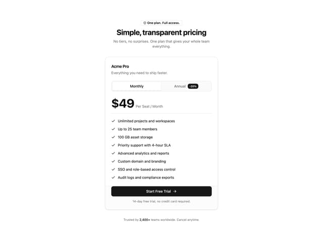 Single Plan Pricing Card — SaaS component for React & Tailwind by 7ovr