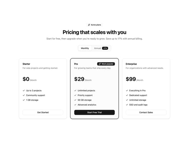 Annual Savings Pricing Grid — SaaS component for React & Tailwind by 7ovr
