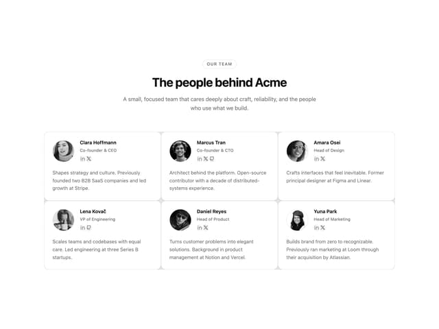 Team Member Cards — About component for React & Tailwind by 7ovr