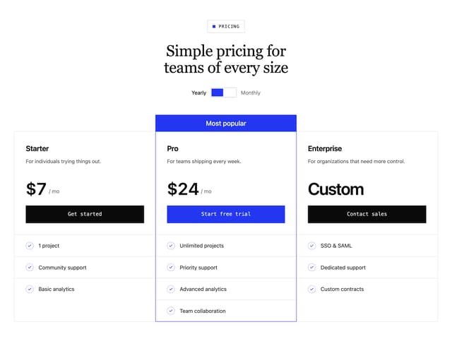 Banner Tiers Pricing Table — Pricing Section component for React & Tailwind by Arihant jain