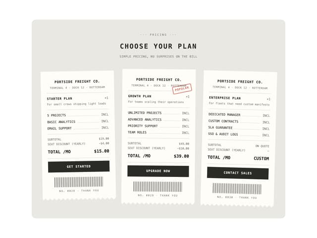 Receipt Tiers — Pricing Section component for React & Tailwind by Arihant jain