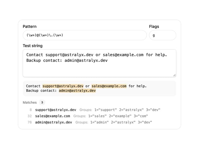 Regex Tester — Developer Tool component for React & Tailwind by astralyxdev
