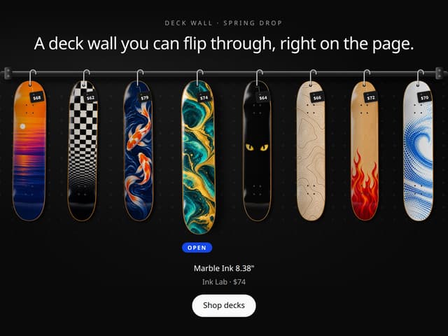 Skateboard Deck Rail Gallery – Skate Shop Hero Section — React component for Tailwind & Next.js by DHxWhy