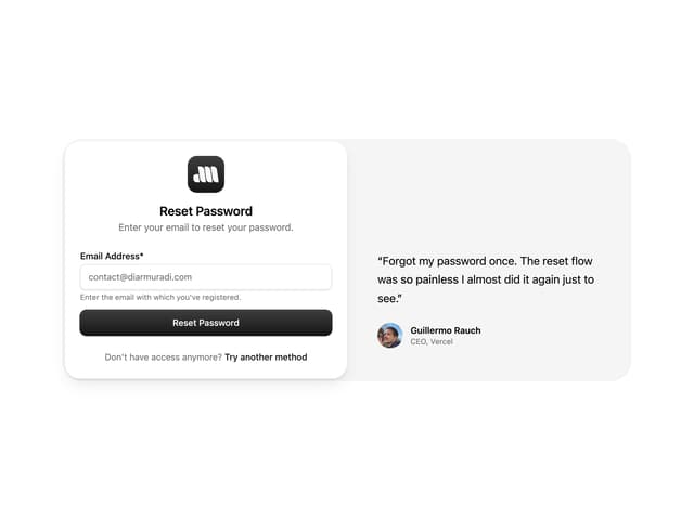 Reset Password Form — Testimonials component for React & Tailwind by Diar Muradi