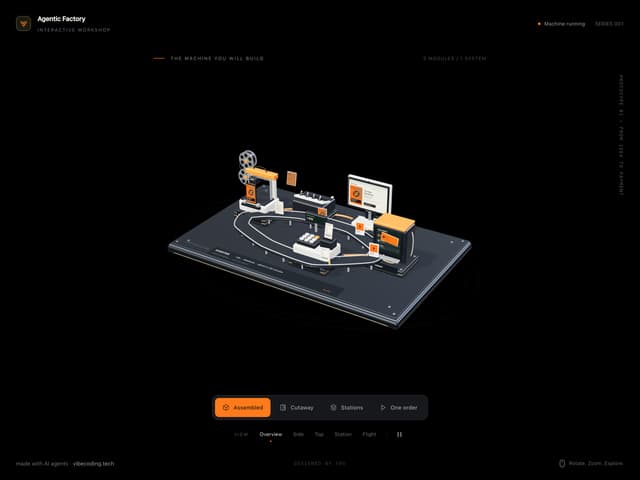 Agentic Factory — Interactive 3D Machine — React component for Tailwind & Next.js by Evgeny Shilov