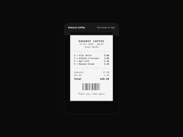 Kokonut UI Receipt Printer — React component for Tailwind & Next.js by Kokonut UI