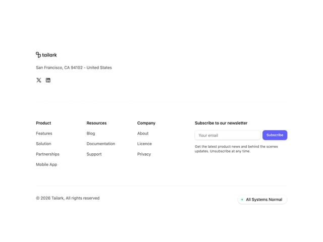 Newsletter Footer — Footer component for React & Tailwind by Méschac Irung