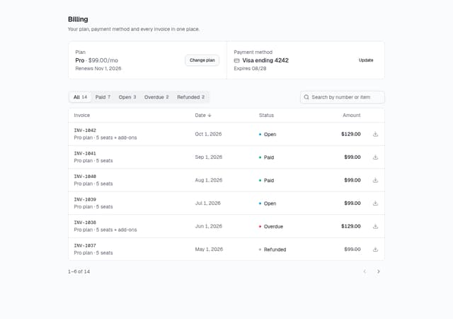 Billing History & Invoices Table