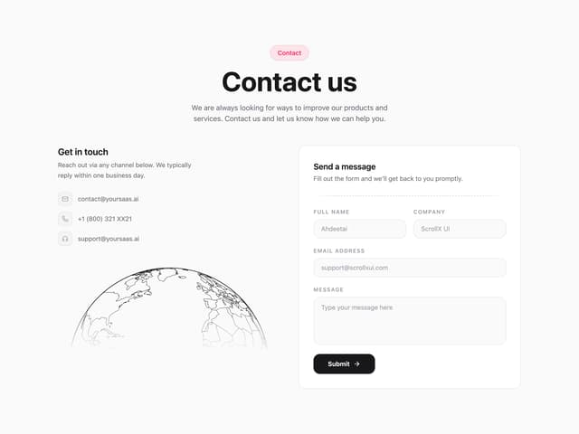 Contact with Globe — UI component for React & Tailwind by scrollxui