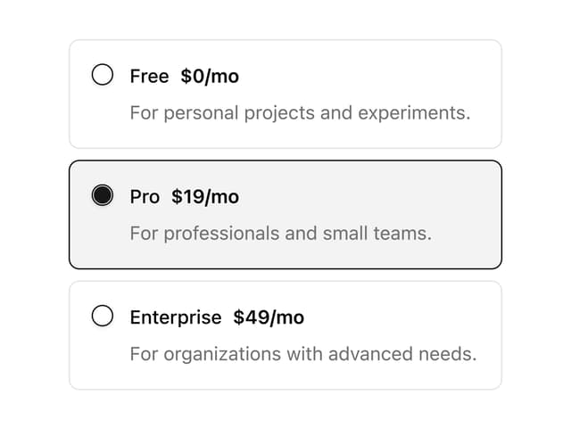 Pricing Plan Radio Cards — Plan Selector component for React & Tailwind by Sean Hello