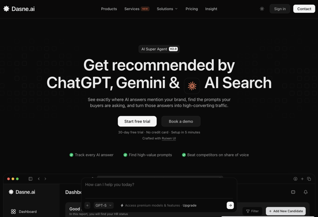 Dasne.ai - AI Search Visibility Landing Template - React & Next.js website template by Ruixen