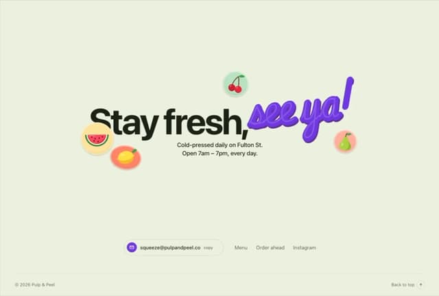 Thank You Footer with Fruit Stickers — Animated component for React & Tailwind by Kedhareswer Naidu