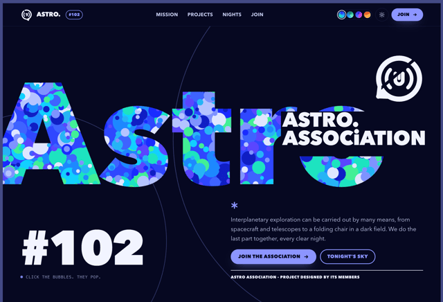 Astronomy Club Website Template with Bubble Poster Design - React & Next.js website template by Kedhareswer Naidu
