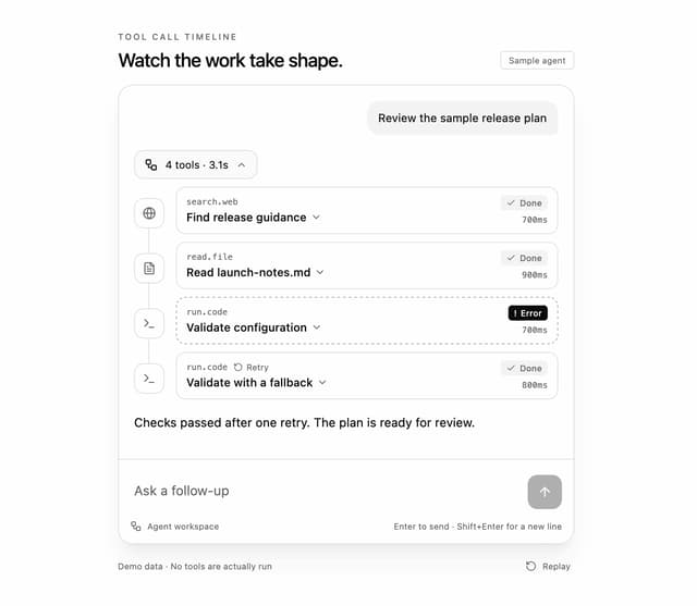 AI Agent Tool Call Timeline Chat Input — AI Chat component for React & Tailwind by DHxWhy