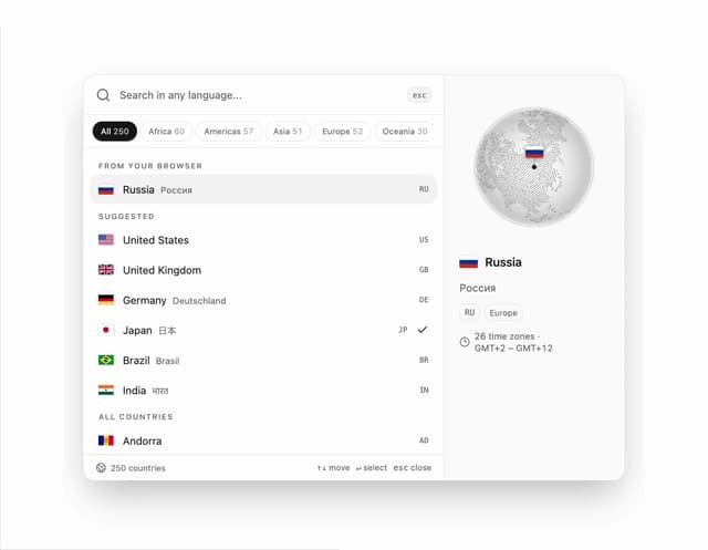 Country Picker Command Palette — Search component for React & Tailwind by DHxWhy