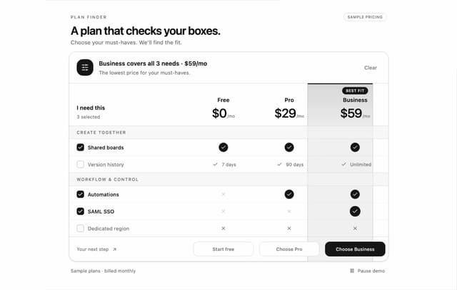 Plan Finder Pricing Comparison Table — Pricing Section component for React & Tailwind by DHxWhy