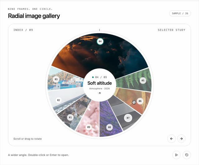 Radial Wedge Image Gallery — Showcase component for React & Tailwind by DHxWhy