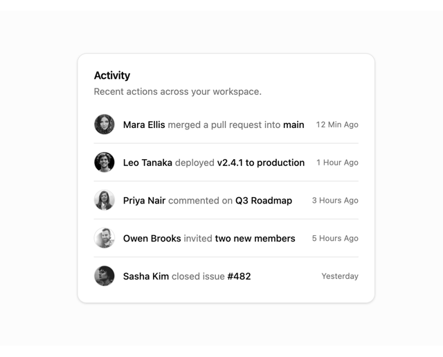 Recent Activity Card — Card component for React & Tailwind by 7ovr