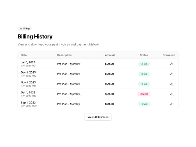 Invoice History Table — Payment component for React & Tailwind by uğur sözen