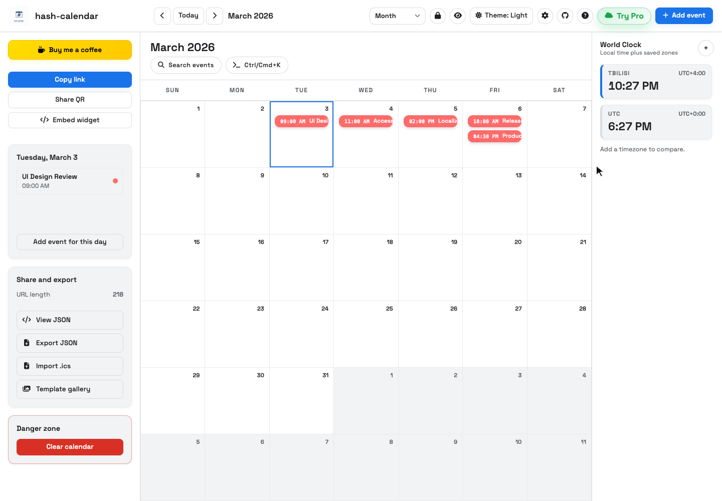 Hash Calendar: Keep and share a calendar through a compact browser application.