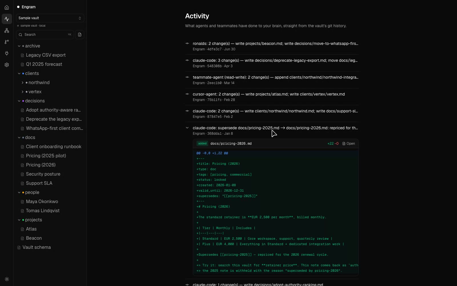 Engram: Browse a git-backed Markdown memory vault shared by coding agents and people.