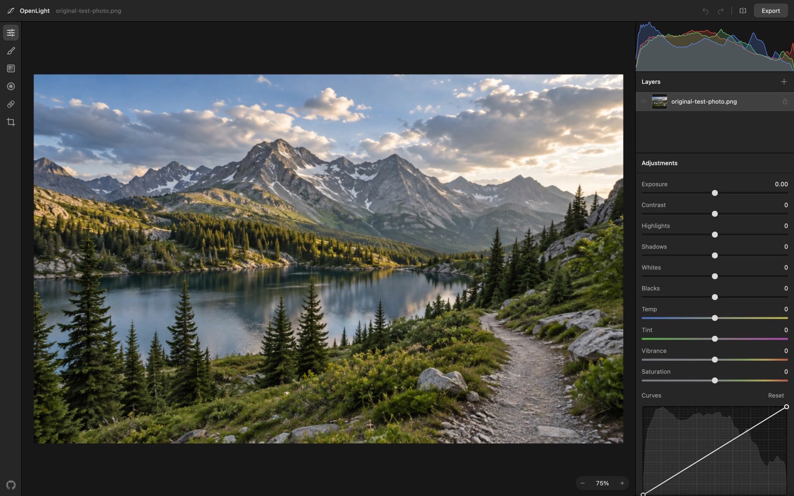 OpenLight: Browser photo editor: Edit photos in the browser with exposure controls, layers, masks, and WebGPU processing.