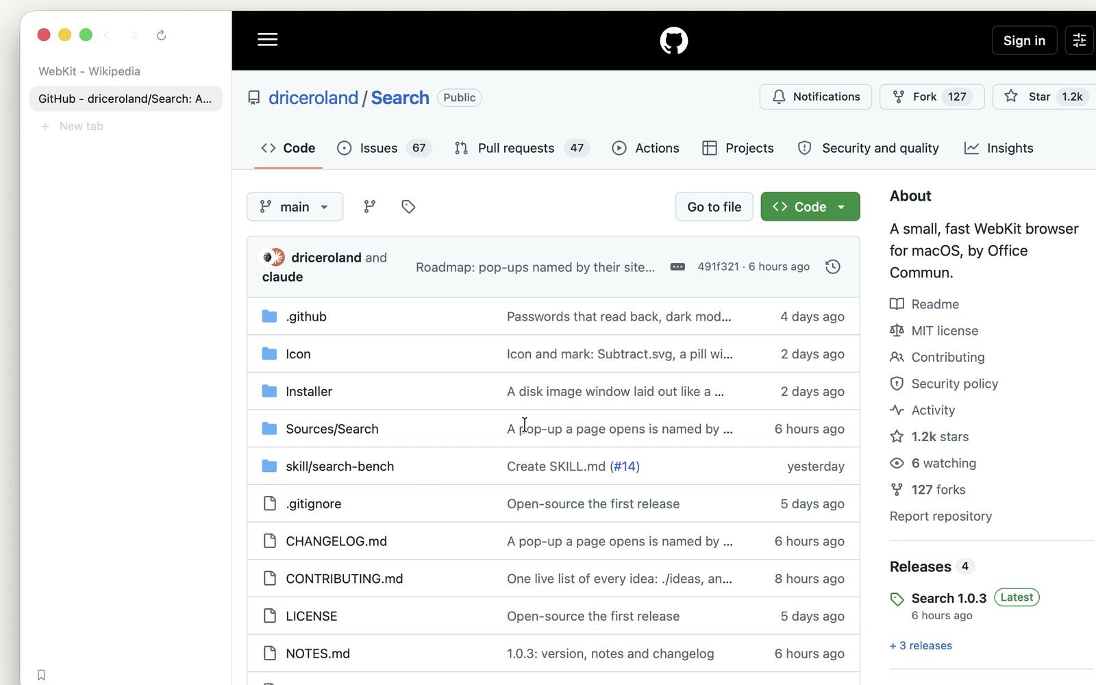 Search: A compact open-source WebKit browser for macOS.