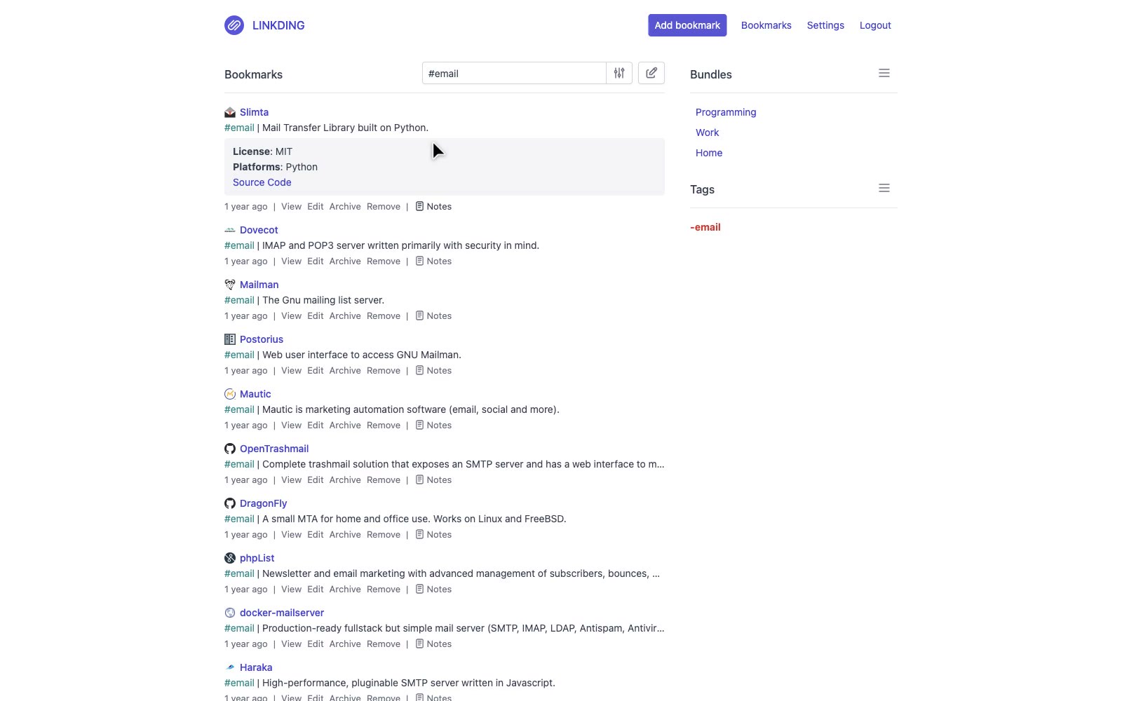linkding: Self-hosted bookmark manager that is designed be to be minimal, fast, and easy to set up using Docker.