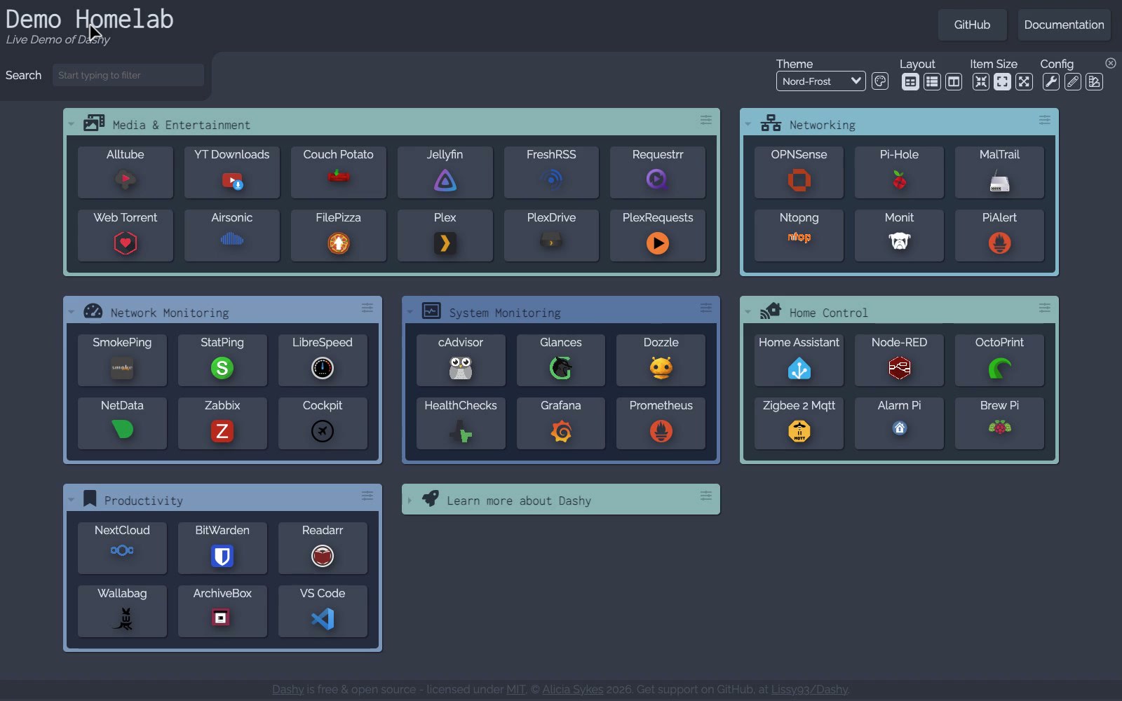 Dashy: Open a homelab dashboard of grouped app tiles, search and layout controls.
