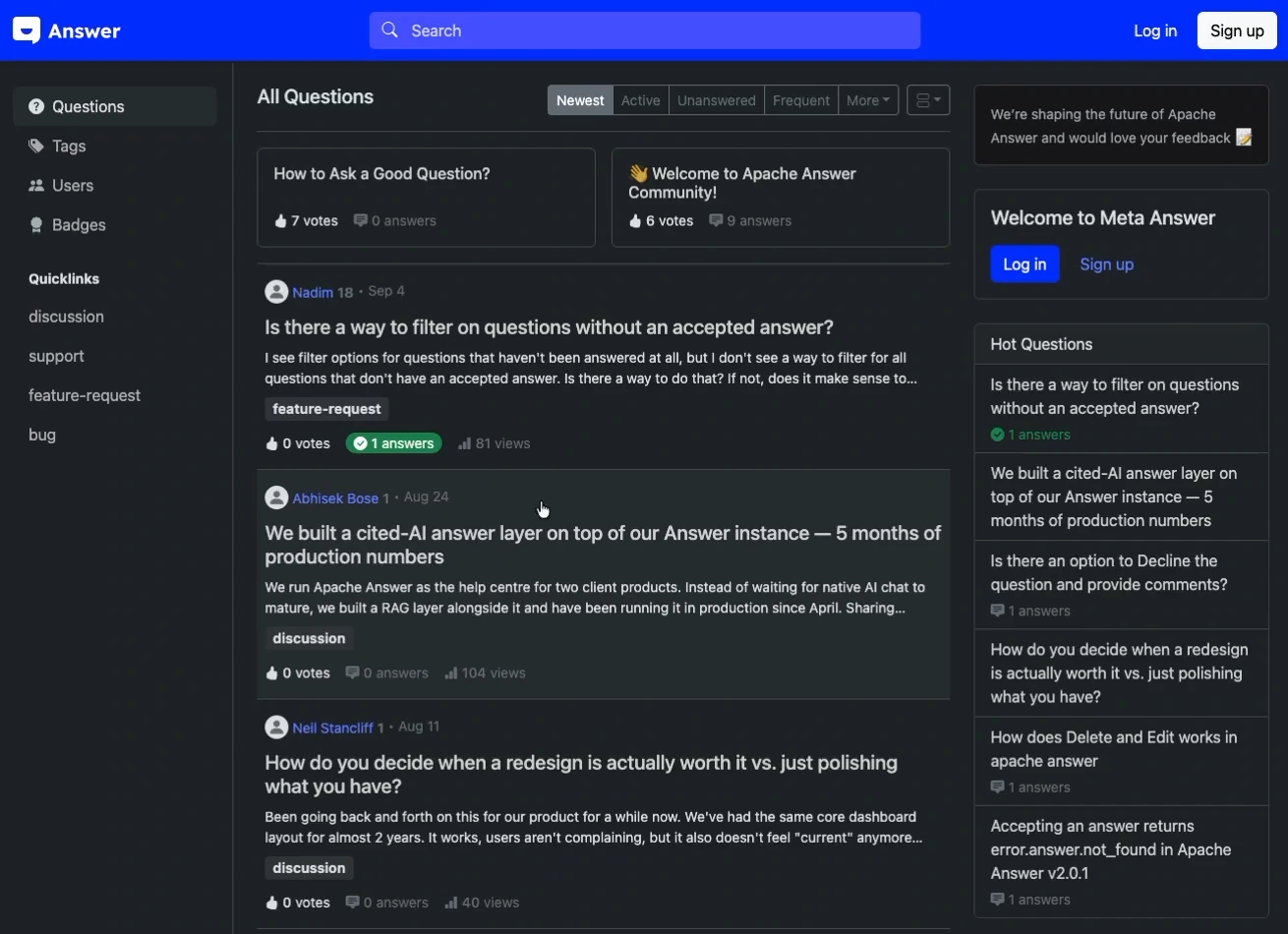 Apache Answer: Build a question-and-answer community with searchable topics, tags and voting.
