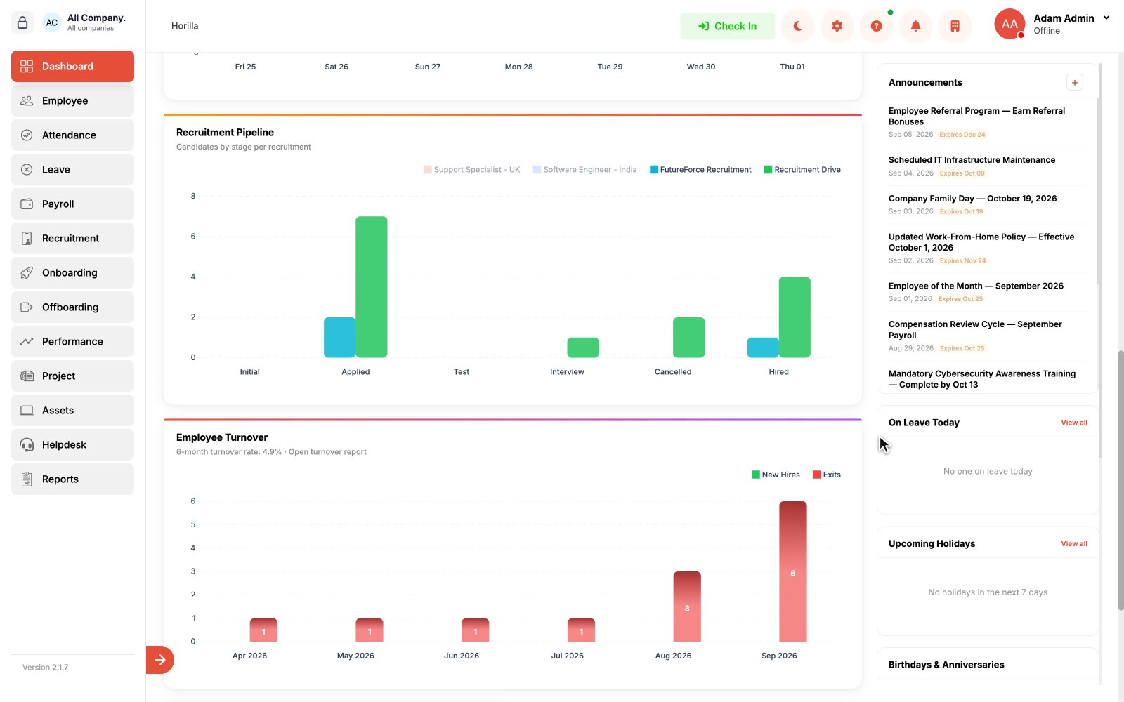 Horilla HR: Manage employee records, attendance, leave, payroll and recruitment in one open-source HR workspace.