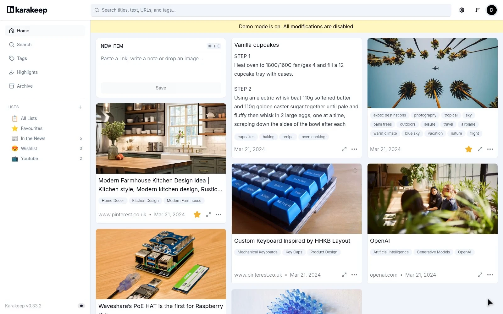 Karakeep: Saved knowledge: Collect links, notes, and images in a searchable personal library.