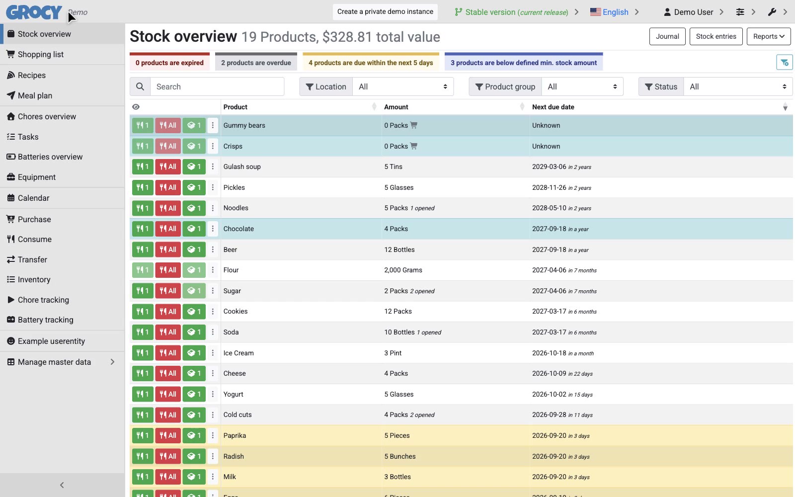 Grocy: Household grocery and stock tracker with a public demo.