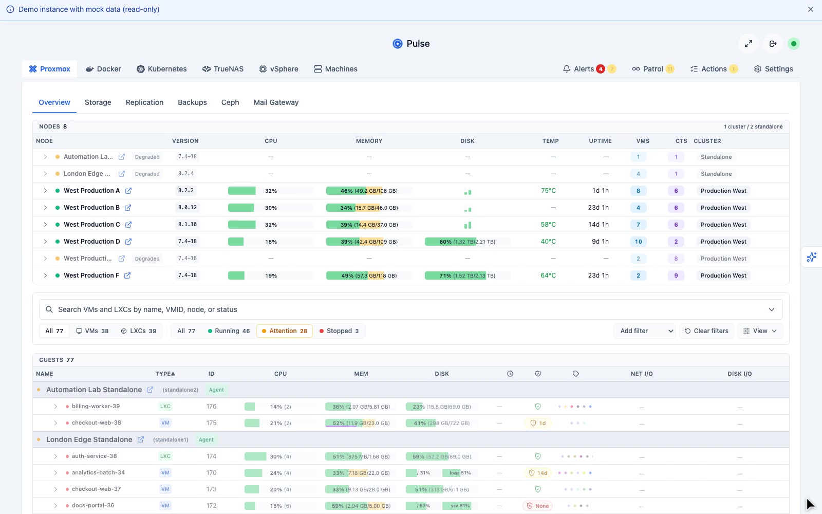 Pulse: Monitoring for Proxmox, Docker, Kubernetes, TrueNAS, and vSphere that watches your infrastructure for you: smart alerts, AI patrols that catch silent failures, and verified fixes
