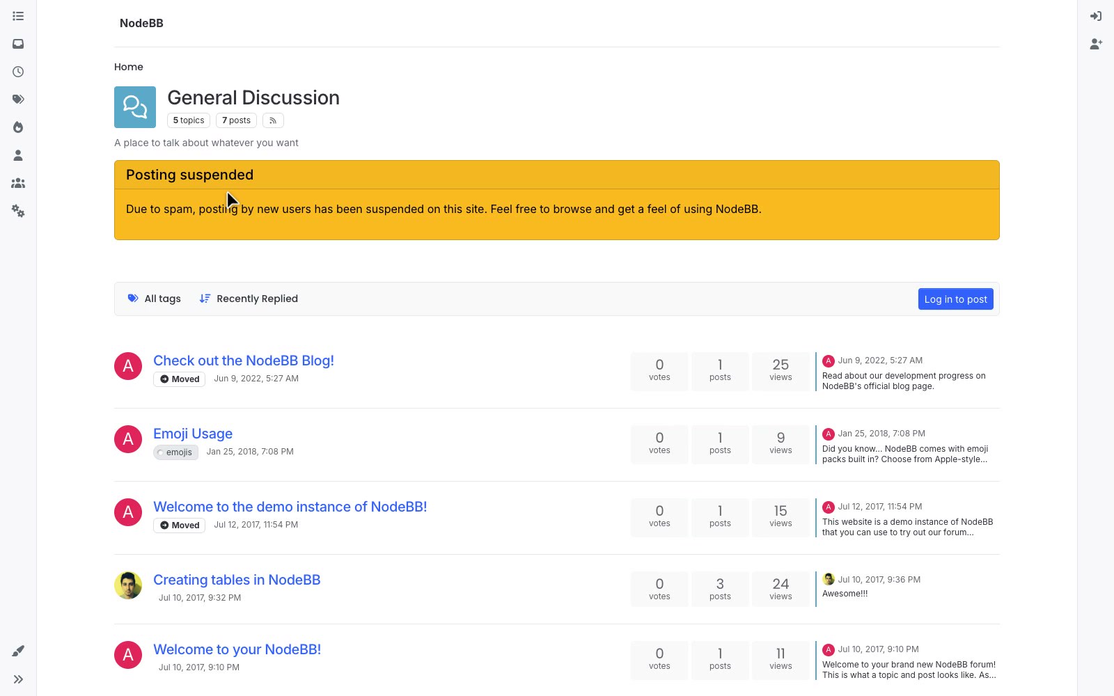 NodeBB: Browse a live forum with categories, topics and a modern thread UI.